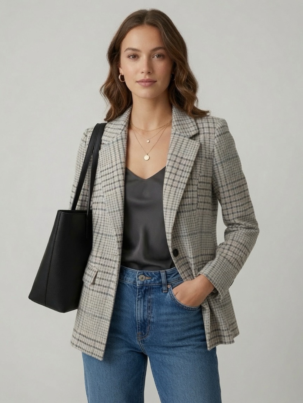 Liverpool Los Angeles Beige Gray Plaid Open Front Blazer Size M